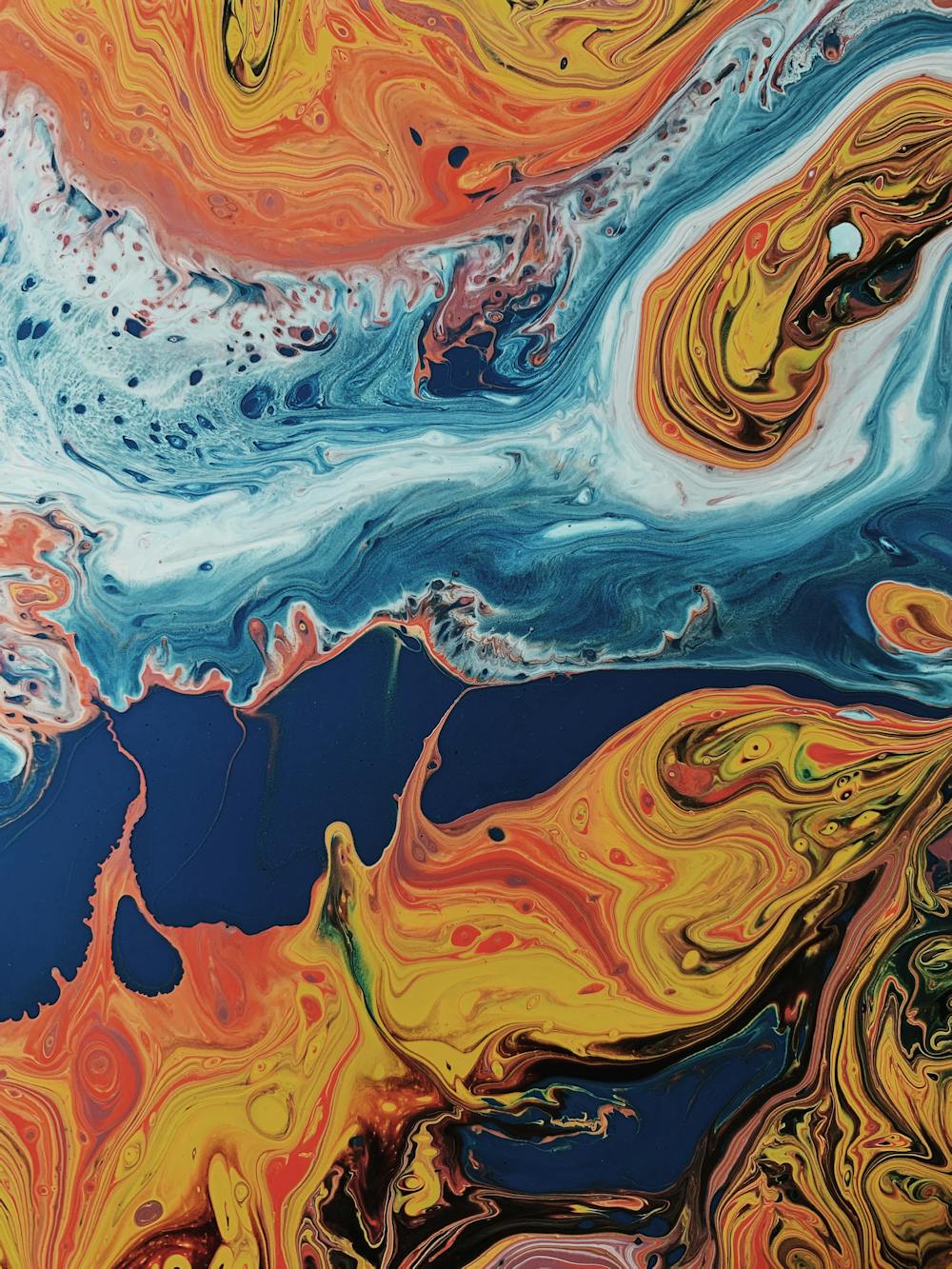Abstract painting with multicoloured swirls.